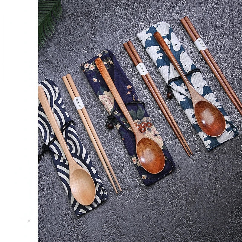 Japanese Wooden Chopsticks Spoon - 1 Pairs Chopstick + 1 Spoon